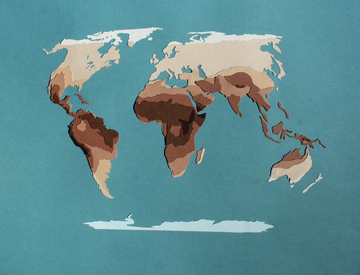 An artist's rendition of a global map showing the distribution of human skin pigmentation. Darker pigmentation occurs closest to the equator and at higher altitudes. Lighter pigmentation occurs at higher and lower latitudes creating a gradient.